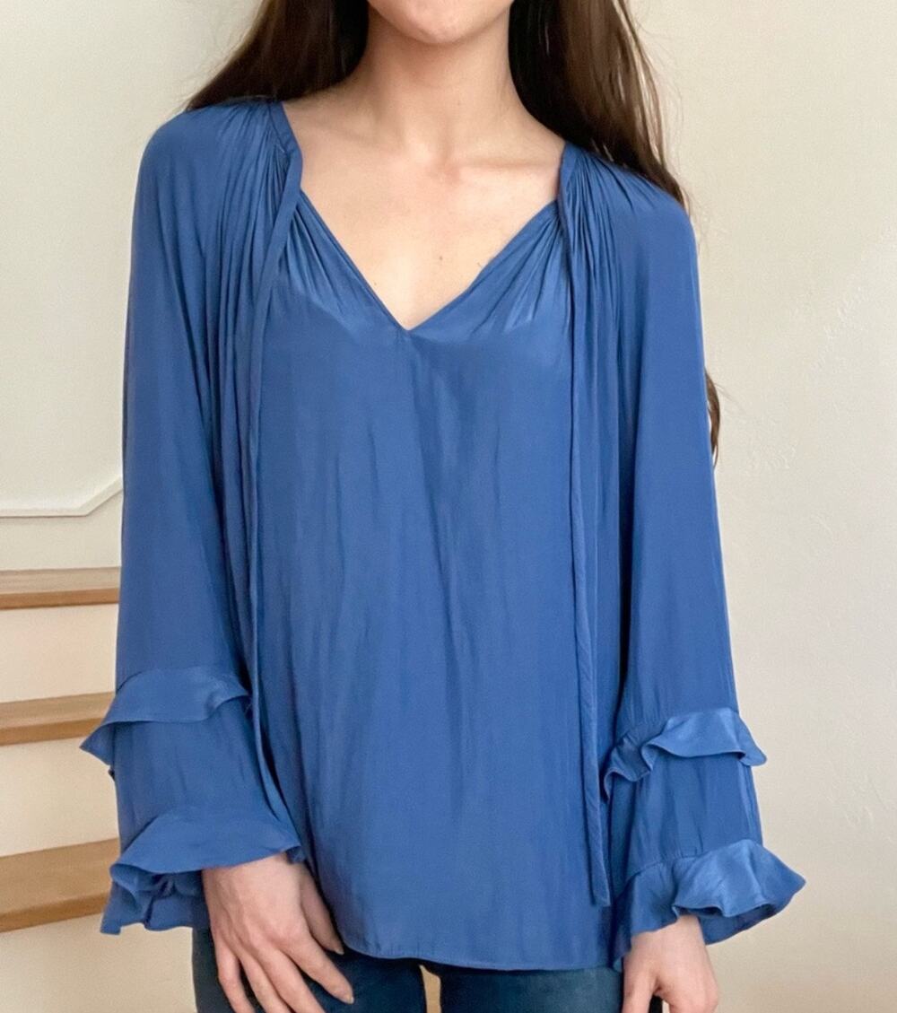 Ramy Brook Blouse Tie Neck Long Ruffle Sleeve Paris Blue